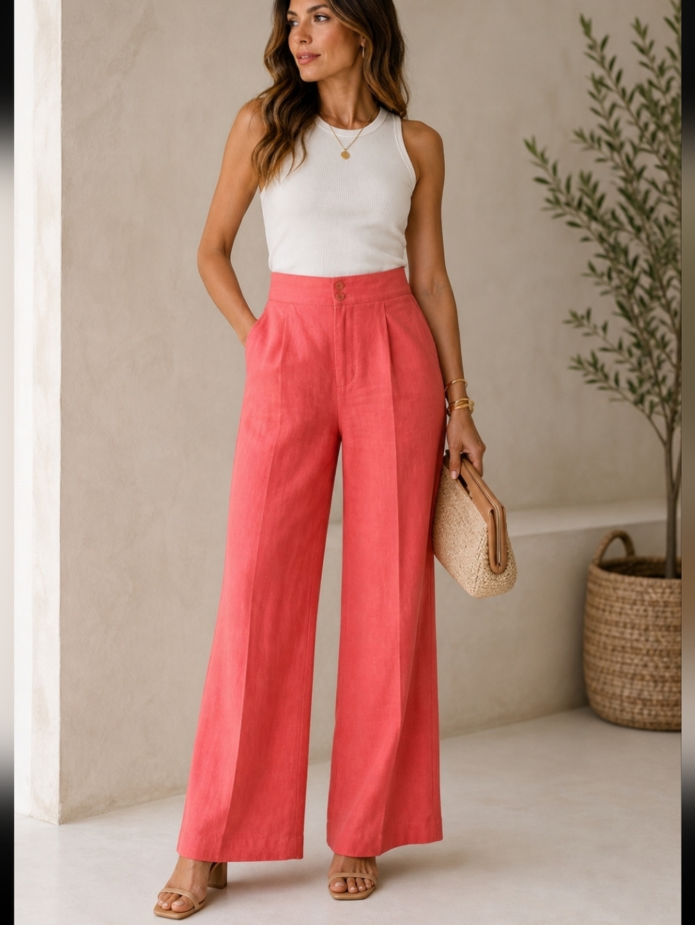 7 For All Man Kind NWT Linen Blend Wide Leg Trouser Pants Size 32 Red